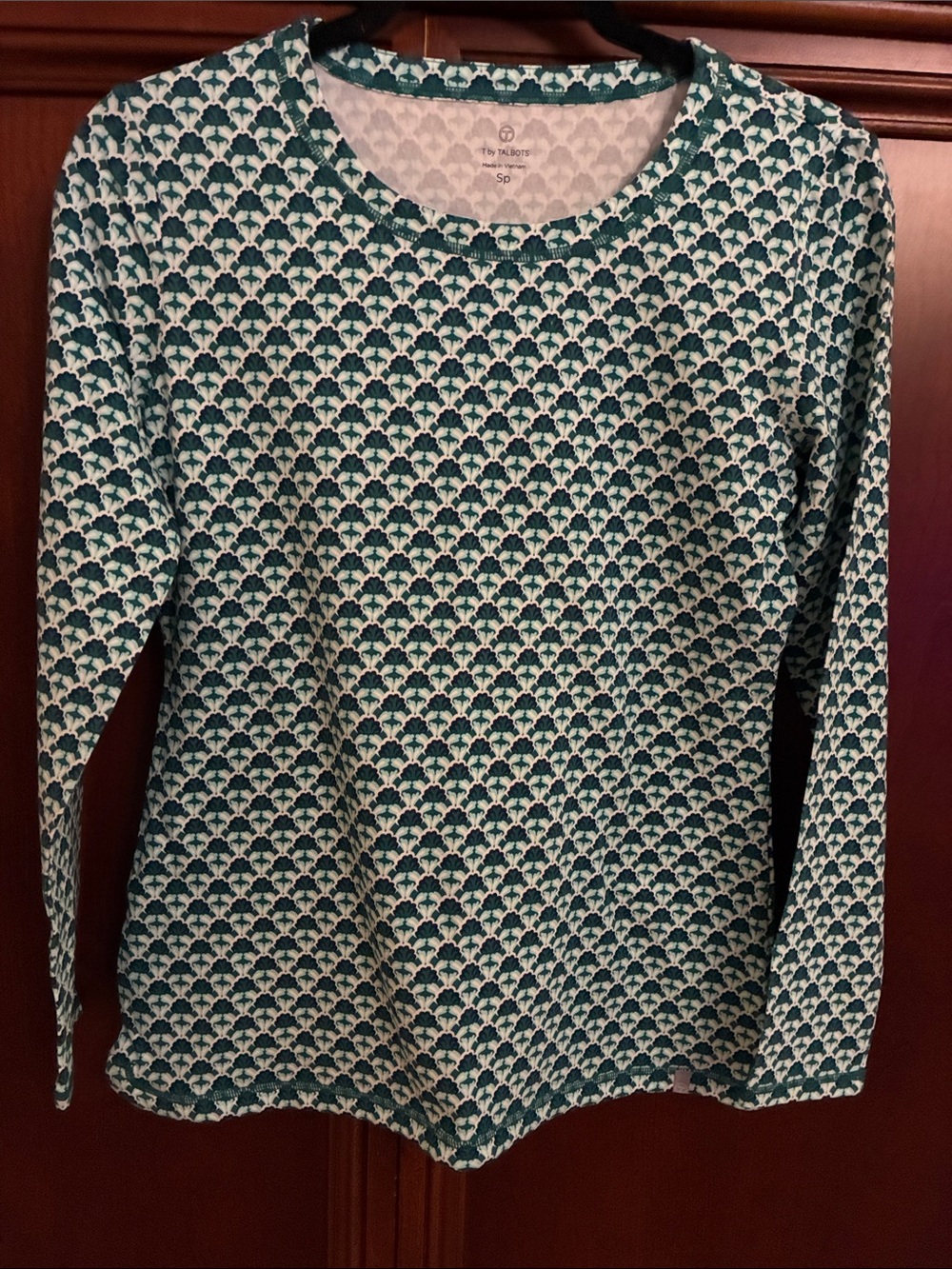 Talbots Teal and White Geometric Long-Sleeve Tee